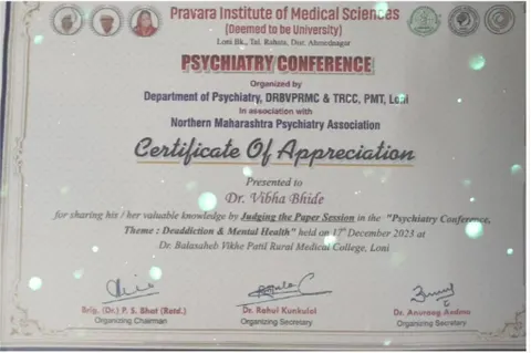Certificate of Appreciation from Pravara Institute of Medical Sciences presented to Dr. Vibha Bhide for judging the Paper Session at the Psychiatry Conference, 17 December 2023